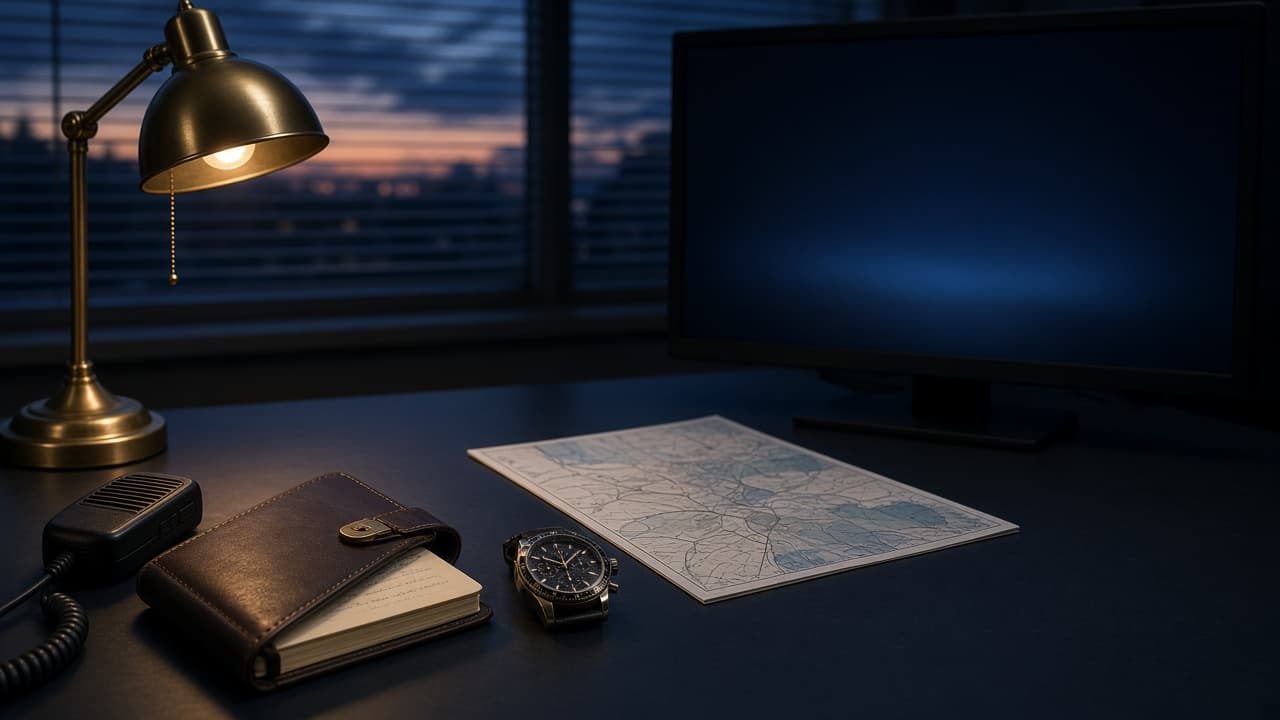Quiet operations desk prepared for incident coordination—map, chronograph, and shared situational awareness without staged product UI
