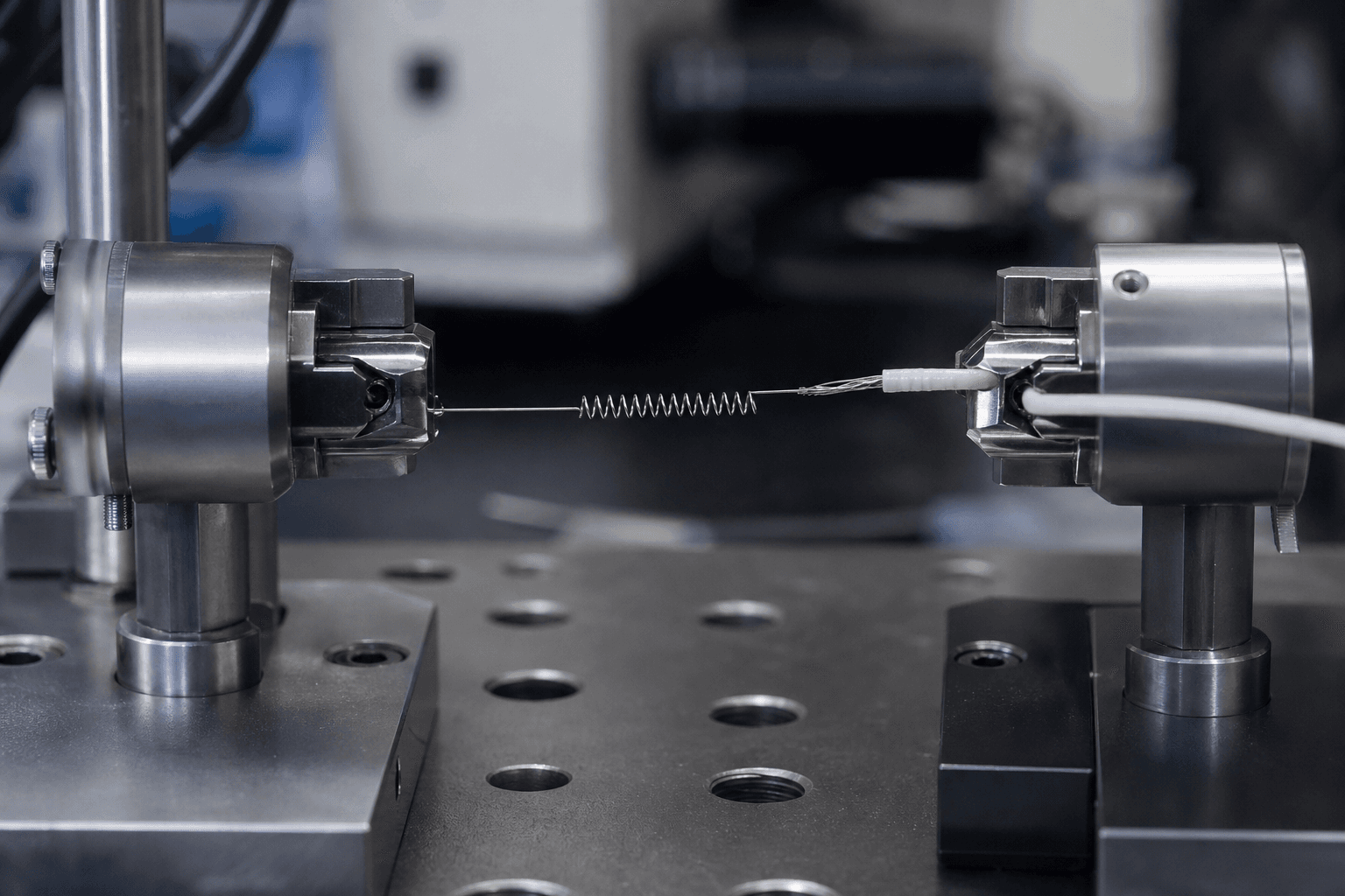 Shape memory alloy (nitinol) wire specimen in precision laboratory fixtures